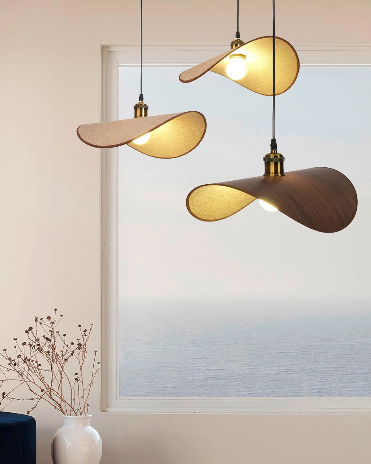 Pendant Lamp | Linen Fabric Shade & Walnut Accent | Dia 35–50 cm