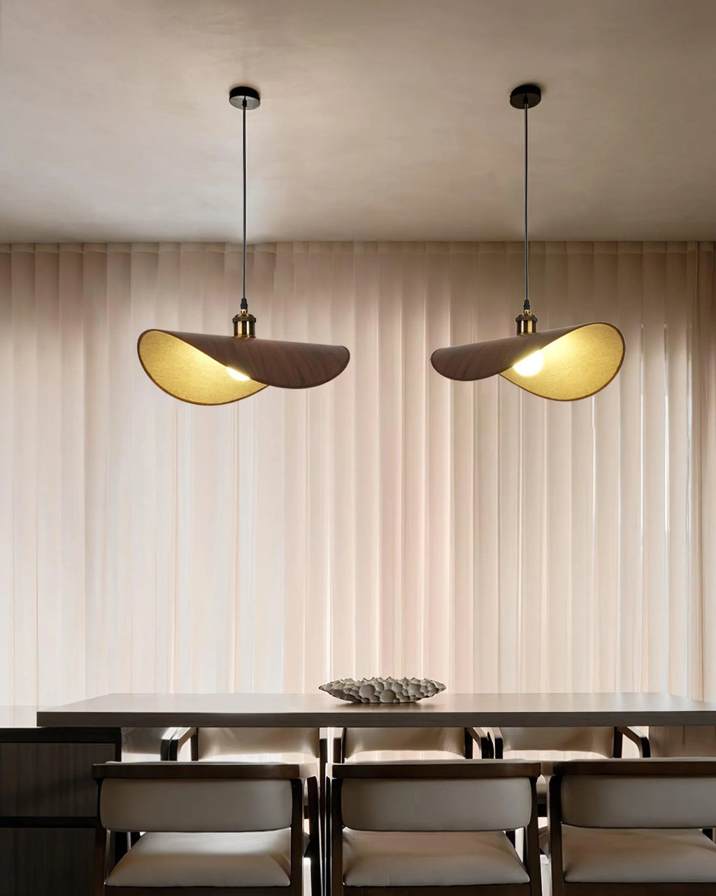 Pendant Lamp | Linen Fabric Shade & Walnut Accent | Dia 35–50 cm
