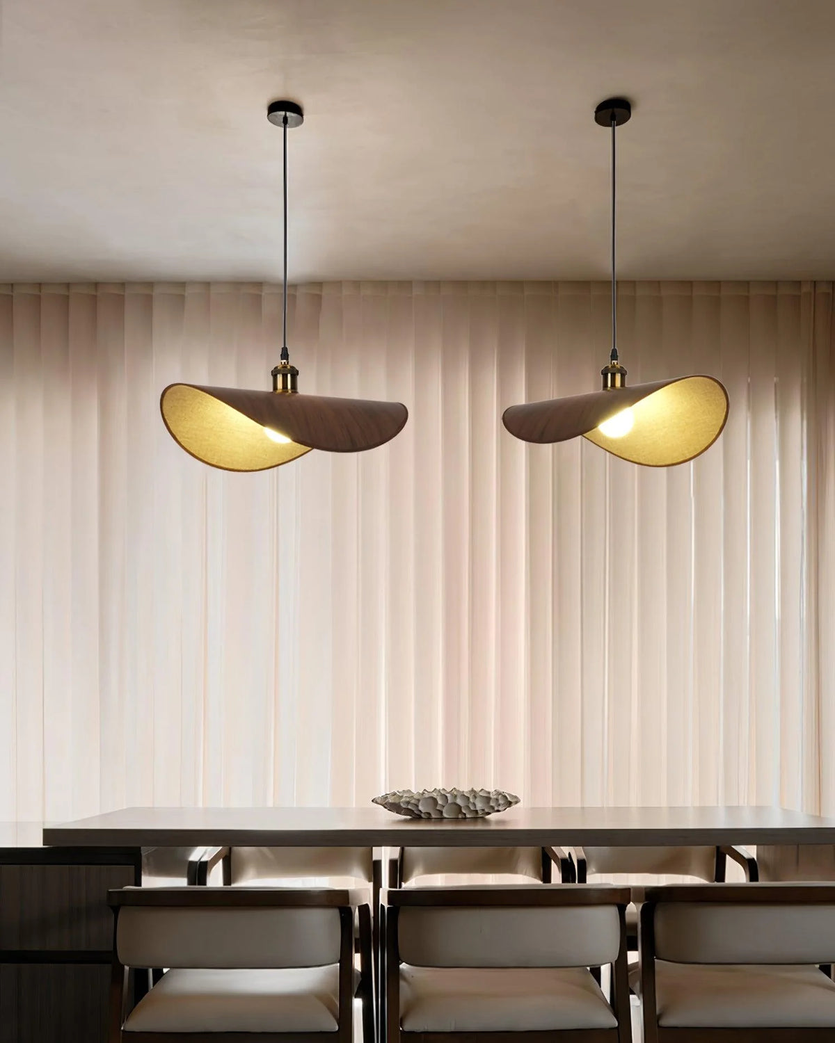 Pendant Lamp | Linen Fabric Shade & Walnut Accent | Dia 35–50 cm