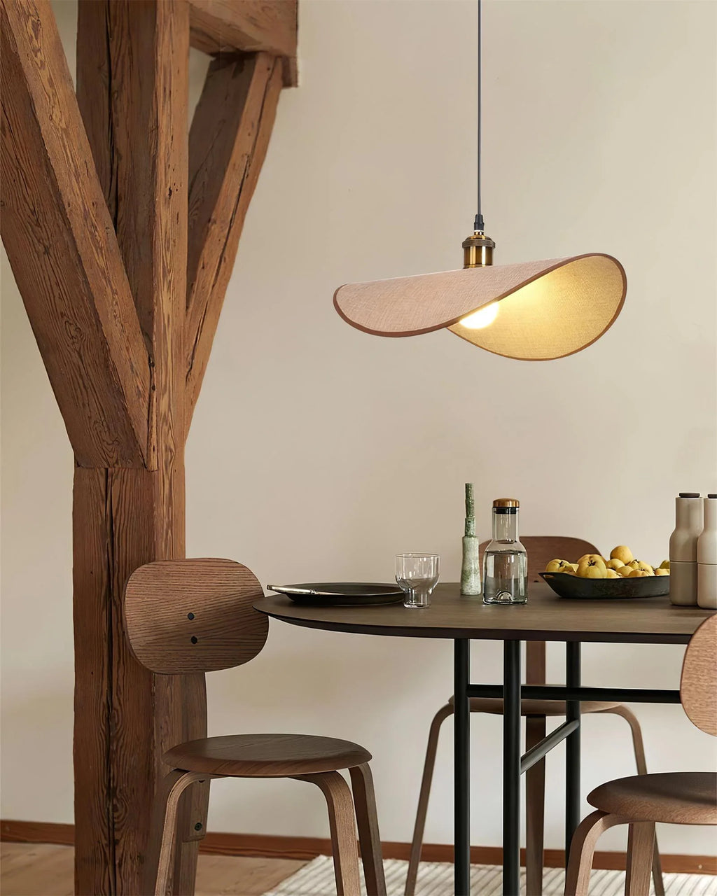 Pendant Lamp | Linen Fabric Shade & Walnut Accent | Dia 35–50 cm