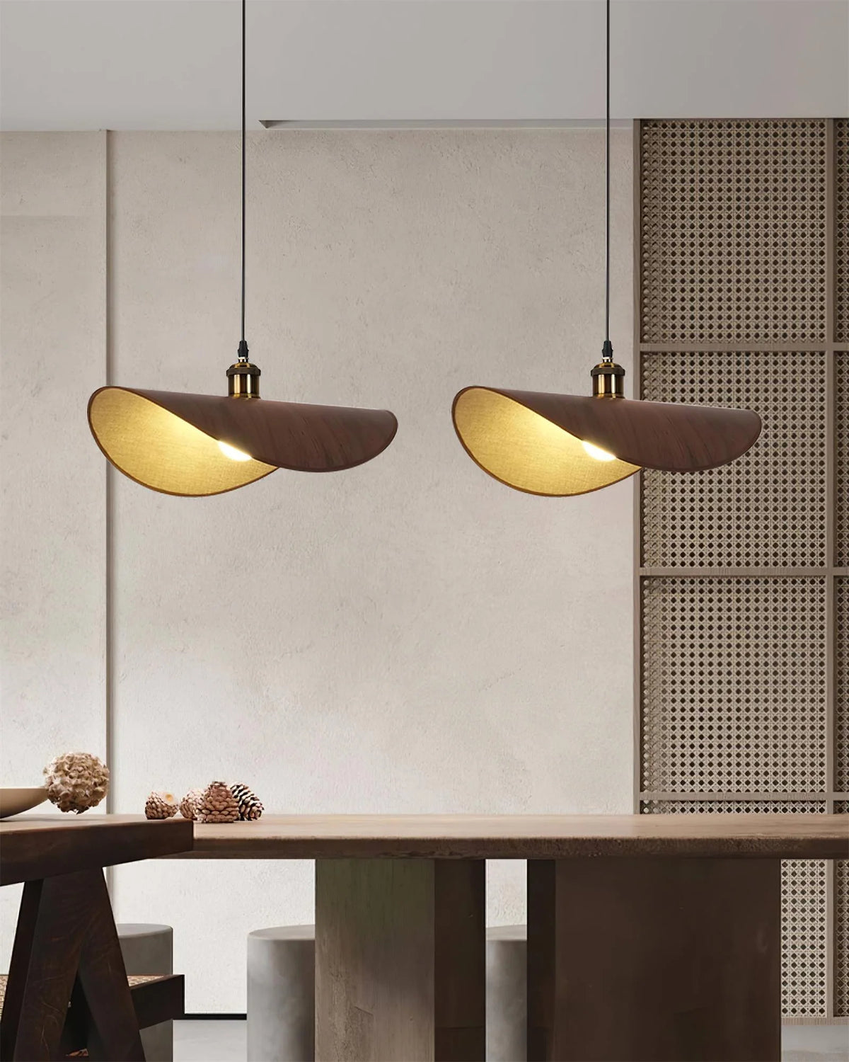 Pendant Lamp | Linen Fabric Shade & Walnut Accent | Dia 35–50 cm