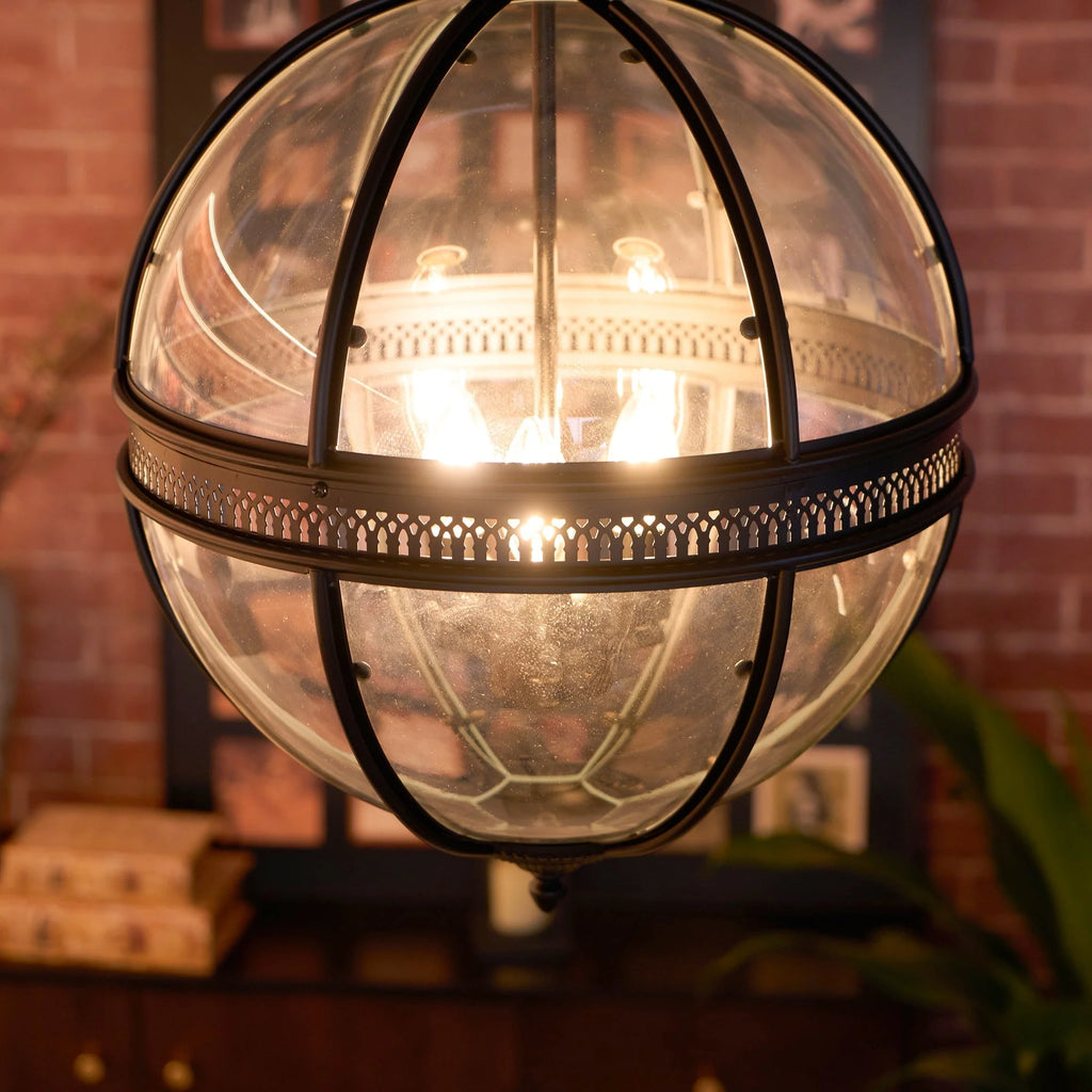 Pendant Lamp | Spherical Glass Globe & Rust Metal Frame