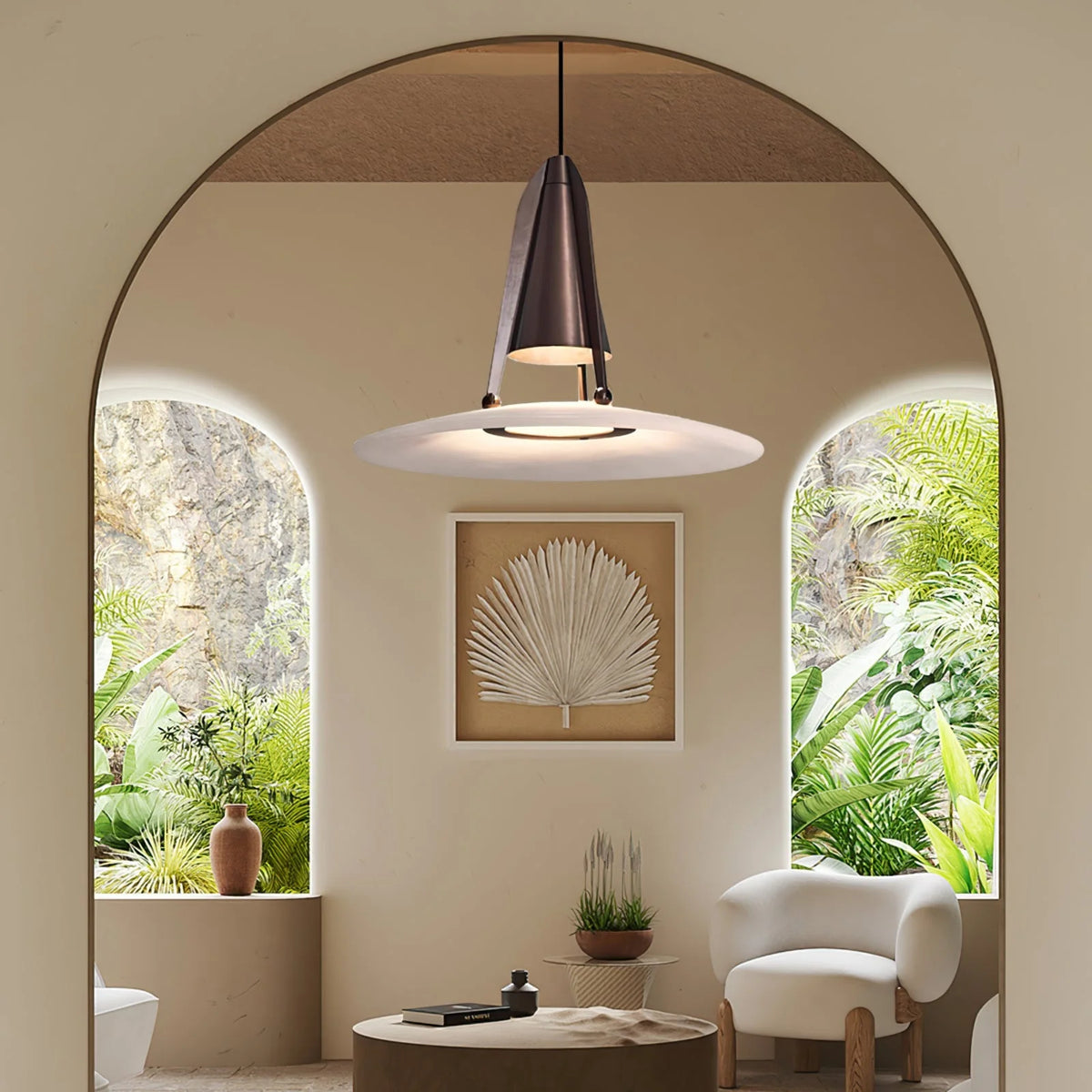 Pendant Light | Alabaster Shade & Metal Frame | 35 cm Diameter