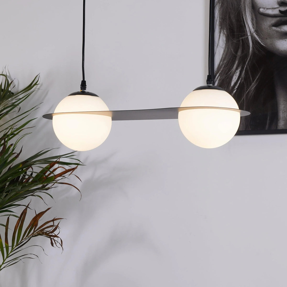 Pendant Light | Black Glass Dome & Metal Frame | Adjustable Height