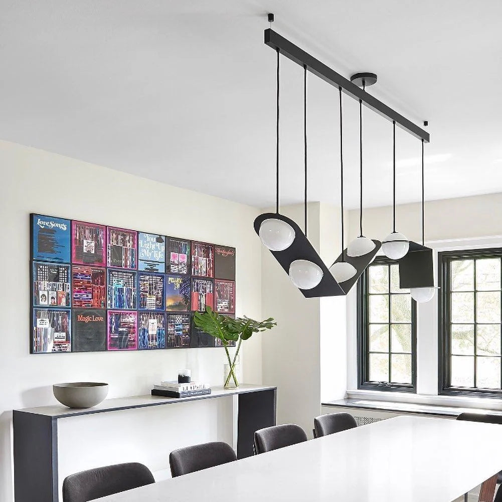 Pendant Light | Black & White Glass Shade & Adjustable Height | Hardwired