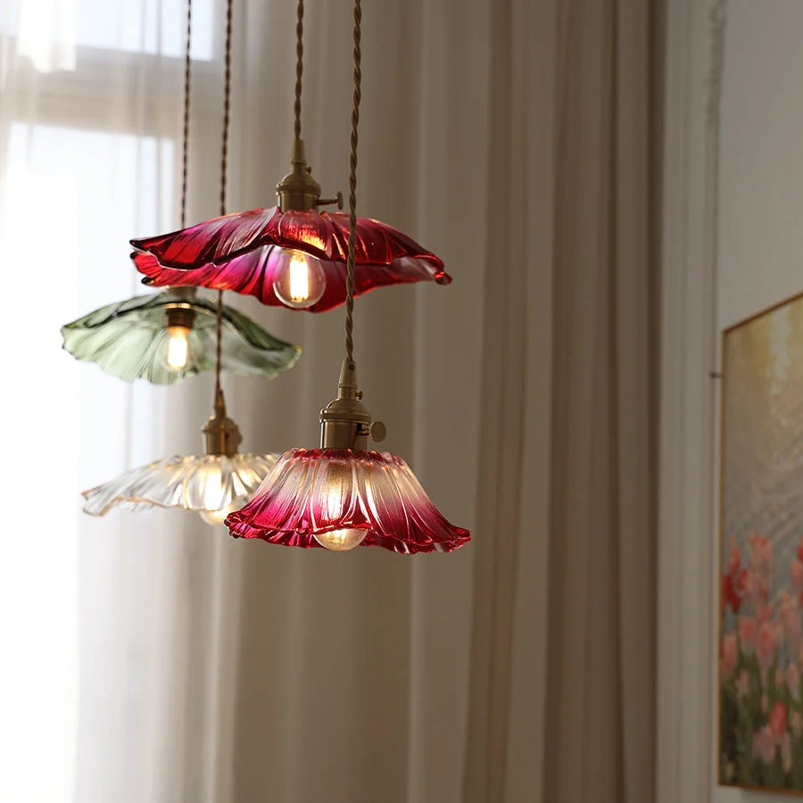 Pendant Light | Flower Glass Shade & Brass Details