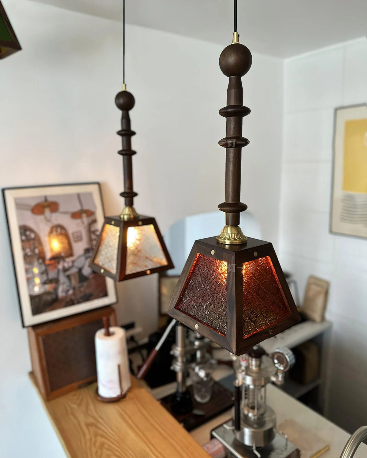 Pendant Light | Glass Shade & Wood | Adjustable Suspension Cable