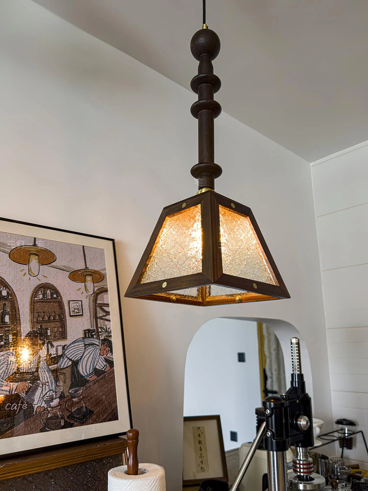 Pendant Light | Glass Shade & Wood | Adjustable Suspension Cable
