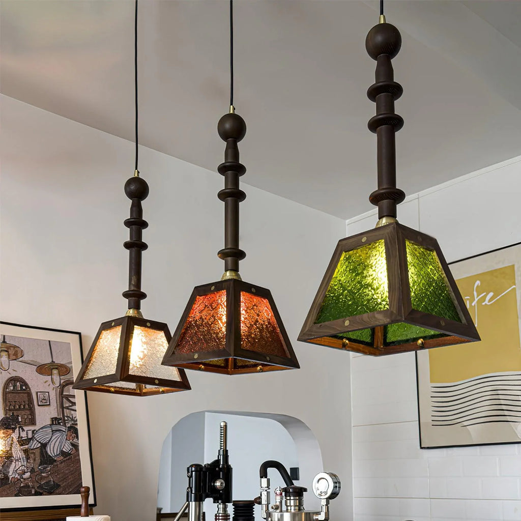 Pendant Light | Glass Shade & Wood | Adjustable Suspension Cable