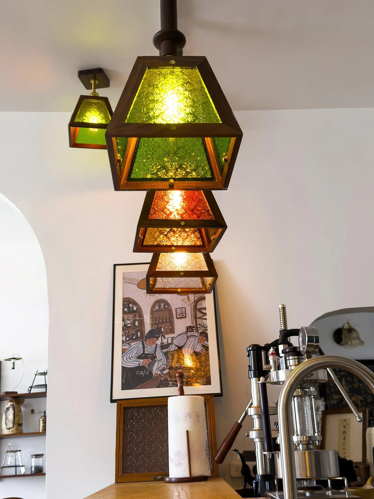 Pendant Light | Glass Shade & Wood | Adjustable Suspension Cable