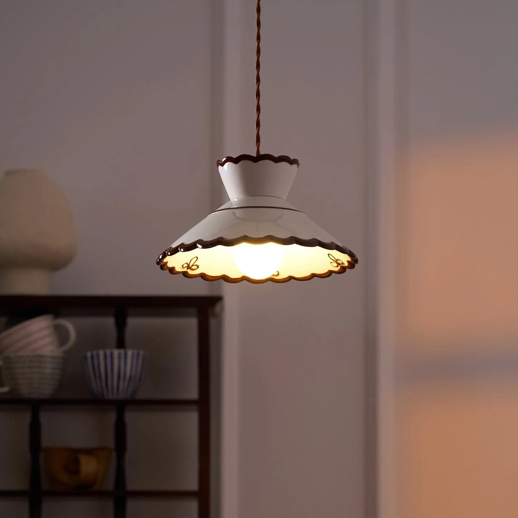 Pendant Light | Scalloped Ceramic Shade & Metal Fixture | 59 In Adjustable Cord