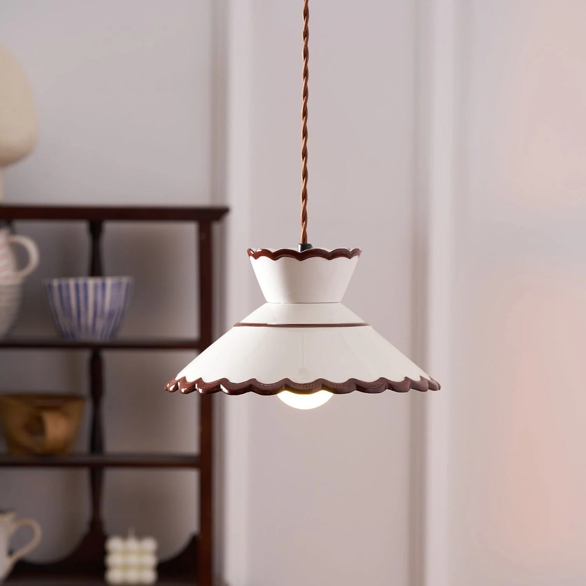 Pendant Light | Scalloped Ceramic Shade & Metal Fixture | 59 In Adjustable Cord