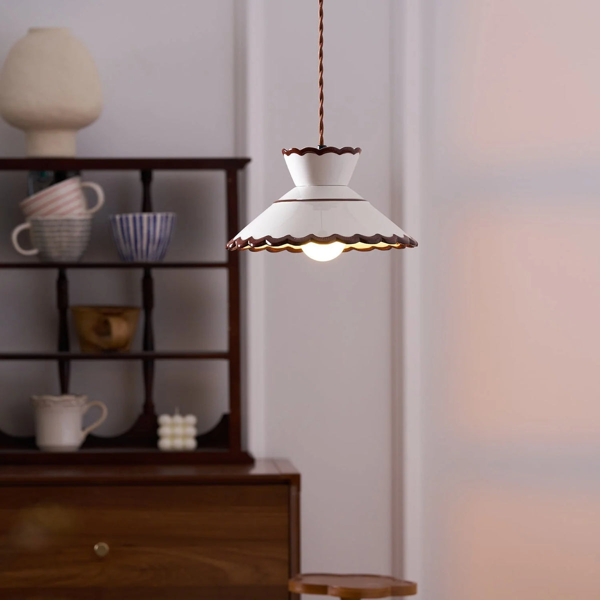 Pendant Light | Scalloped Ceramic Shade & Metal Fixture | 59 In Adjustable Cord