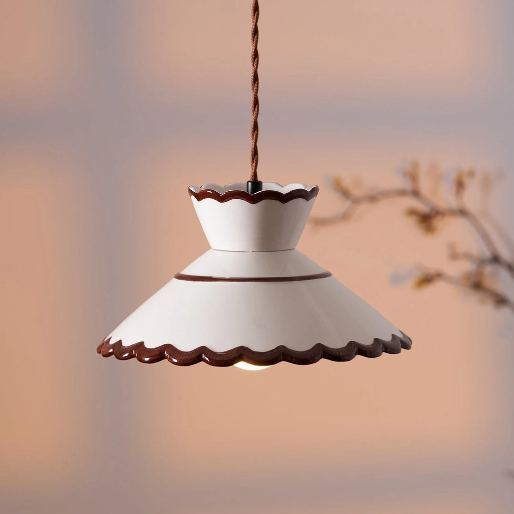 Pendant Light | Scalloped Ceramic Shade & Metal Fixture | 59 In Adjustable Cord