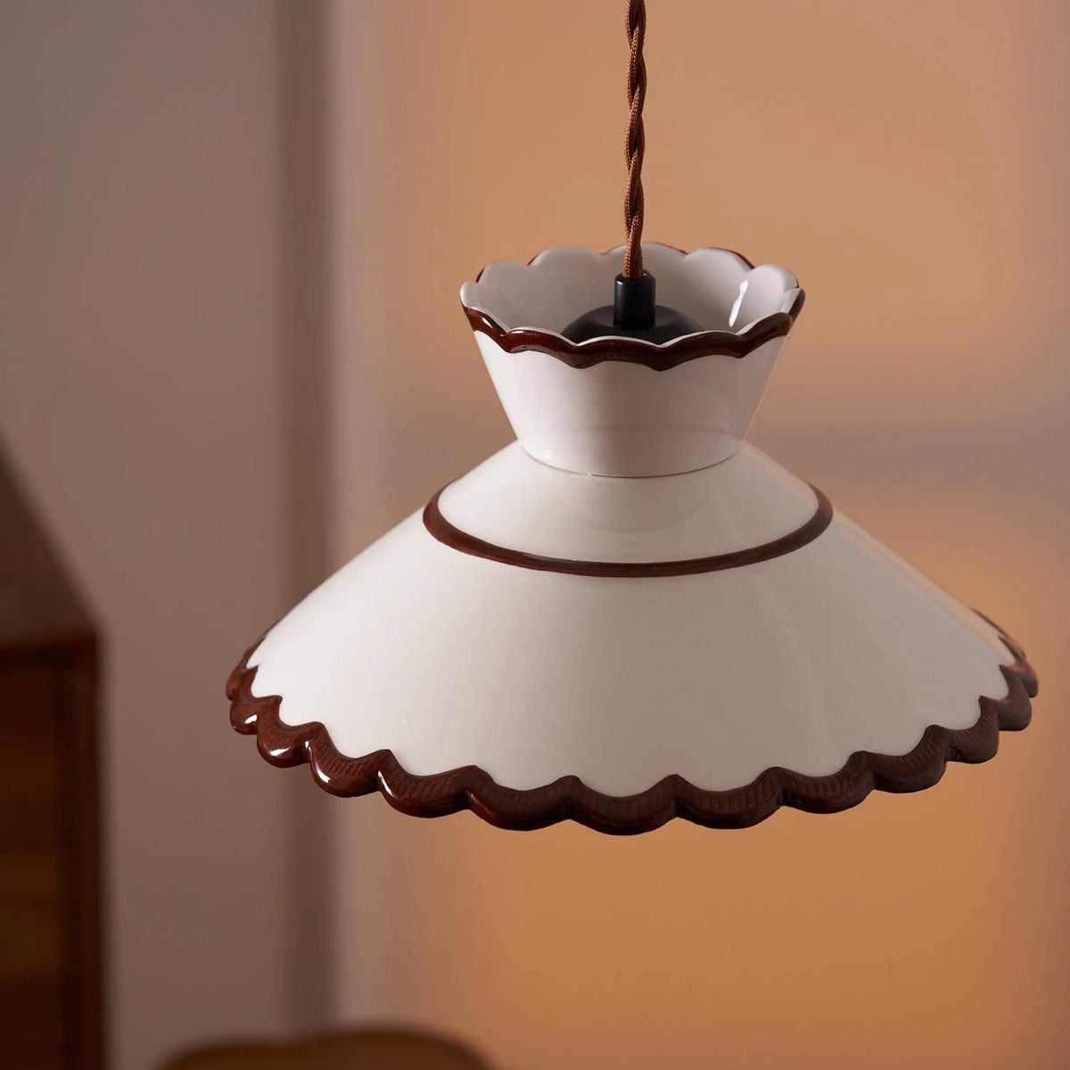 Pendant Light | Scalloped Ceramic Shade & Metal Fixture | 59 In Adjustable Cord
