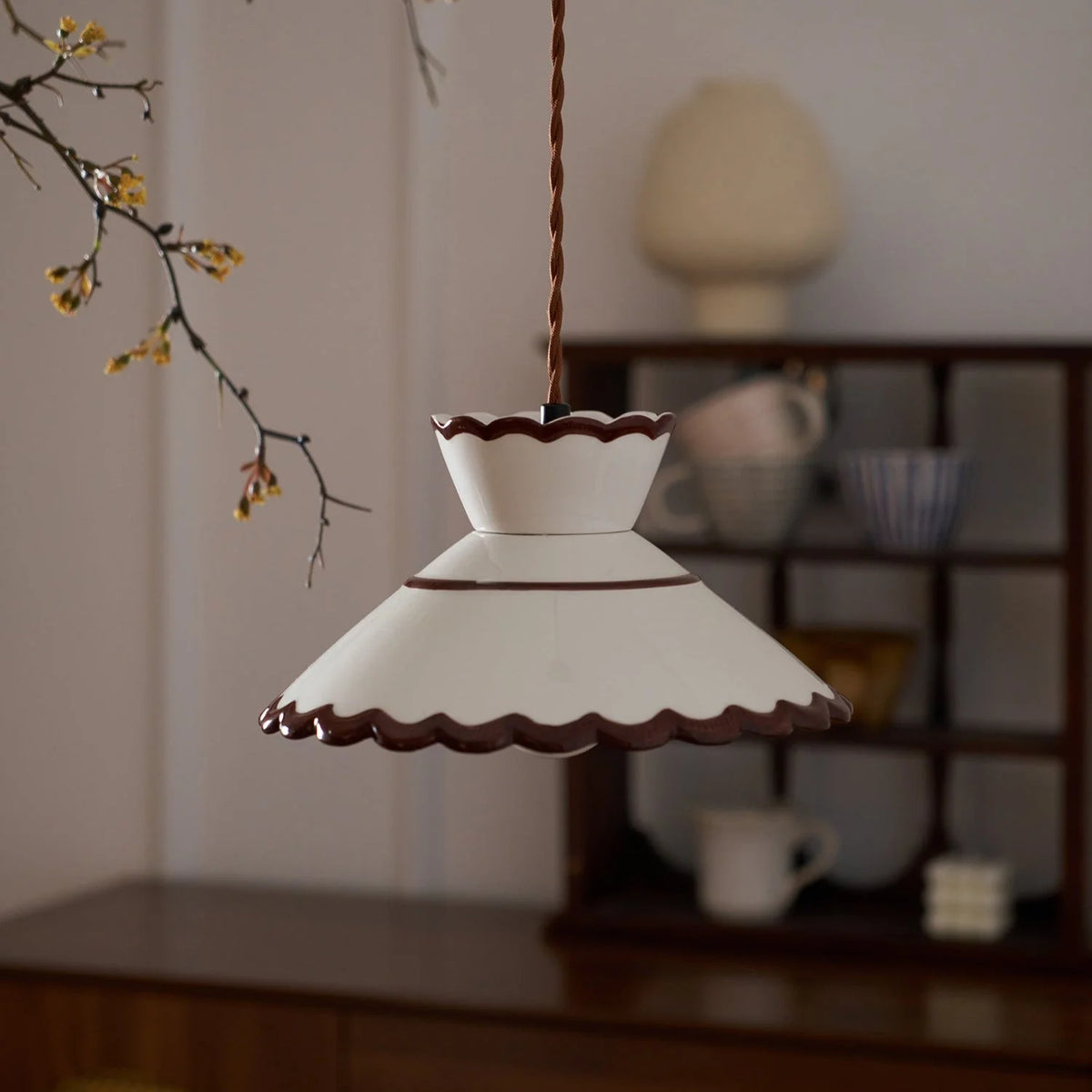 Pendant Light | Scalloped Ceramic Shade & Metal Fixture | 59 In Adjustable Cord