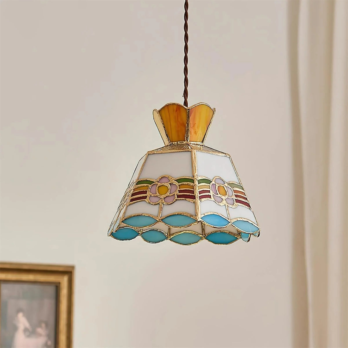Pendant Light | Stained Glass Floral & Metal Frame