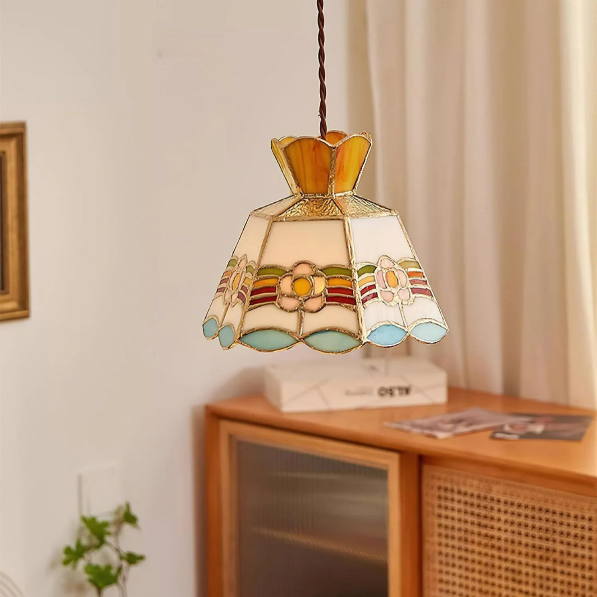 Pendant Light | Stained Glass Floral & Metal Frame