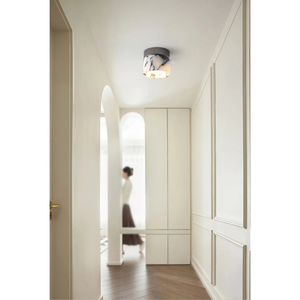 Round Ceiling Light | Marble Body & Glass Shade | 12 cm Diameter