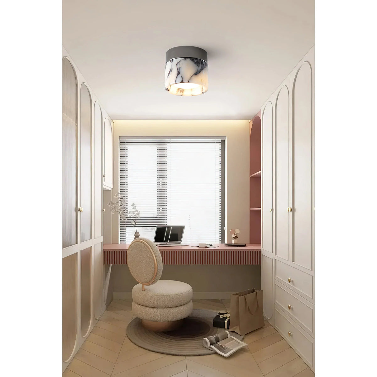 Round Ceiling Light | Marble Body & Glass Shade | 12 cm Diameter