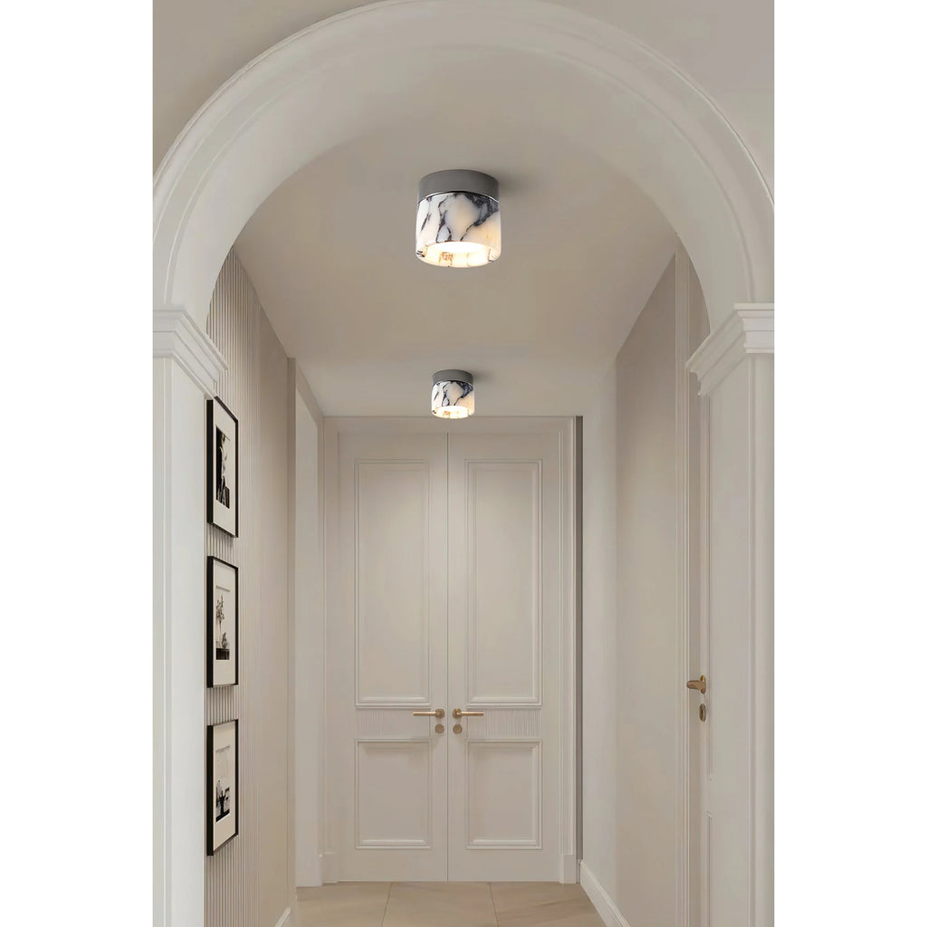 Round Ceiling Light | Marble Body & Glass Shade | 12 cm Diameter