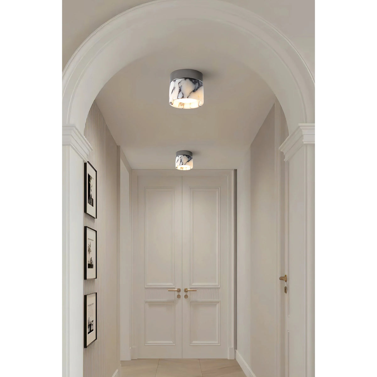 Round Ceiling Light | Marble Body & Glass Shade | 12 cm Diameter