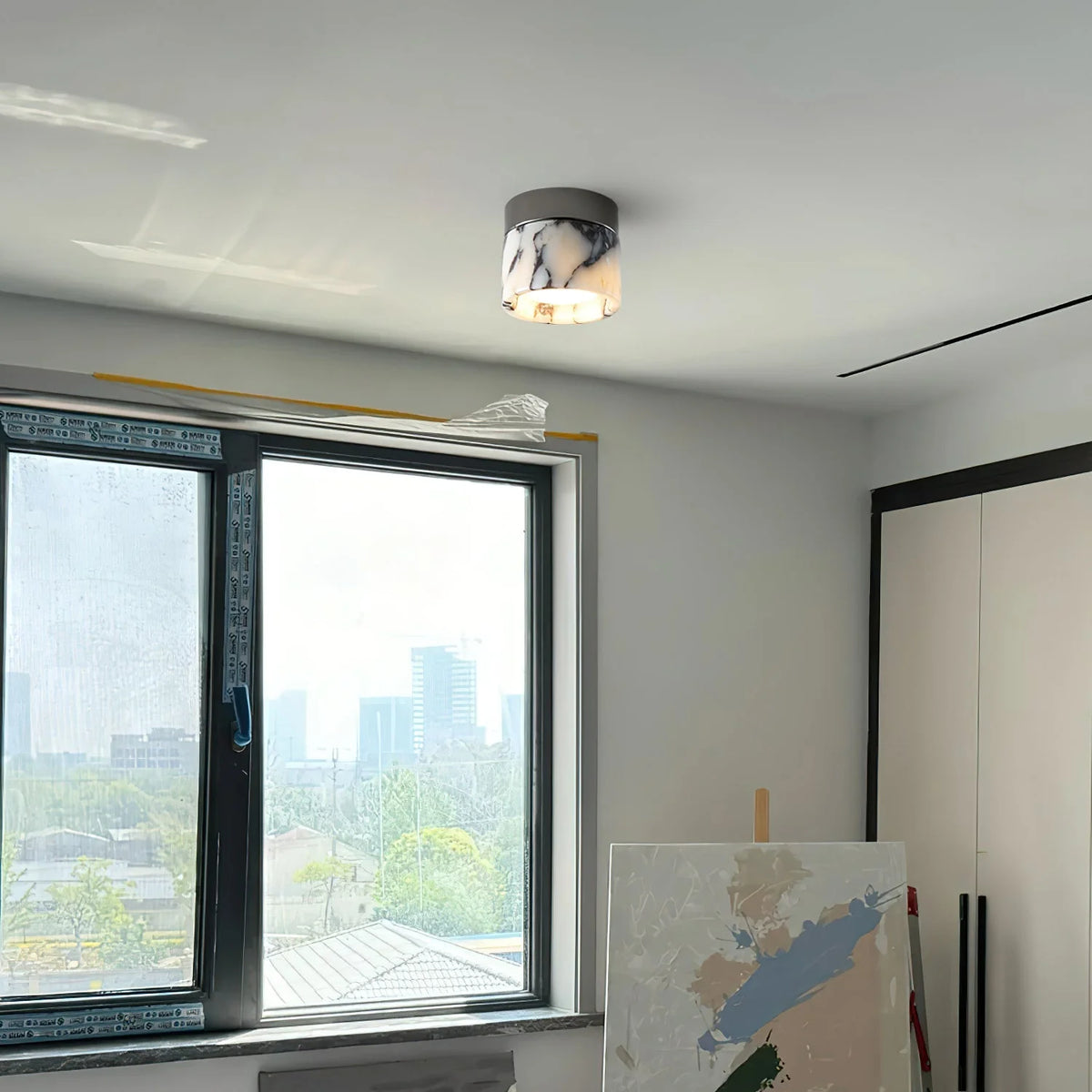 Round Ceiling Light | Marble Body & Glass Shade | 12 cm Diameter
