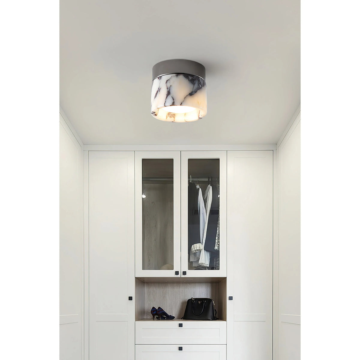 Round Ceiling Light | Marble Body & Glass Shade | 12 cm Diameter