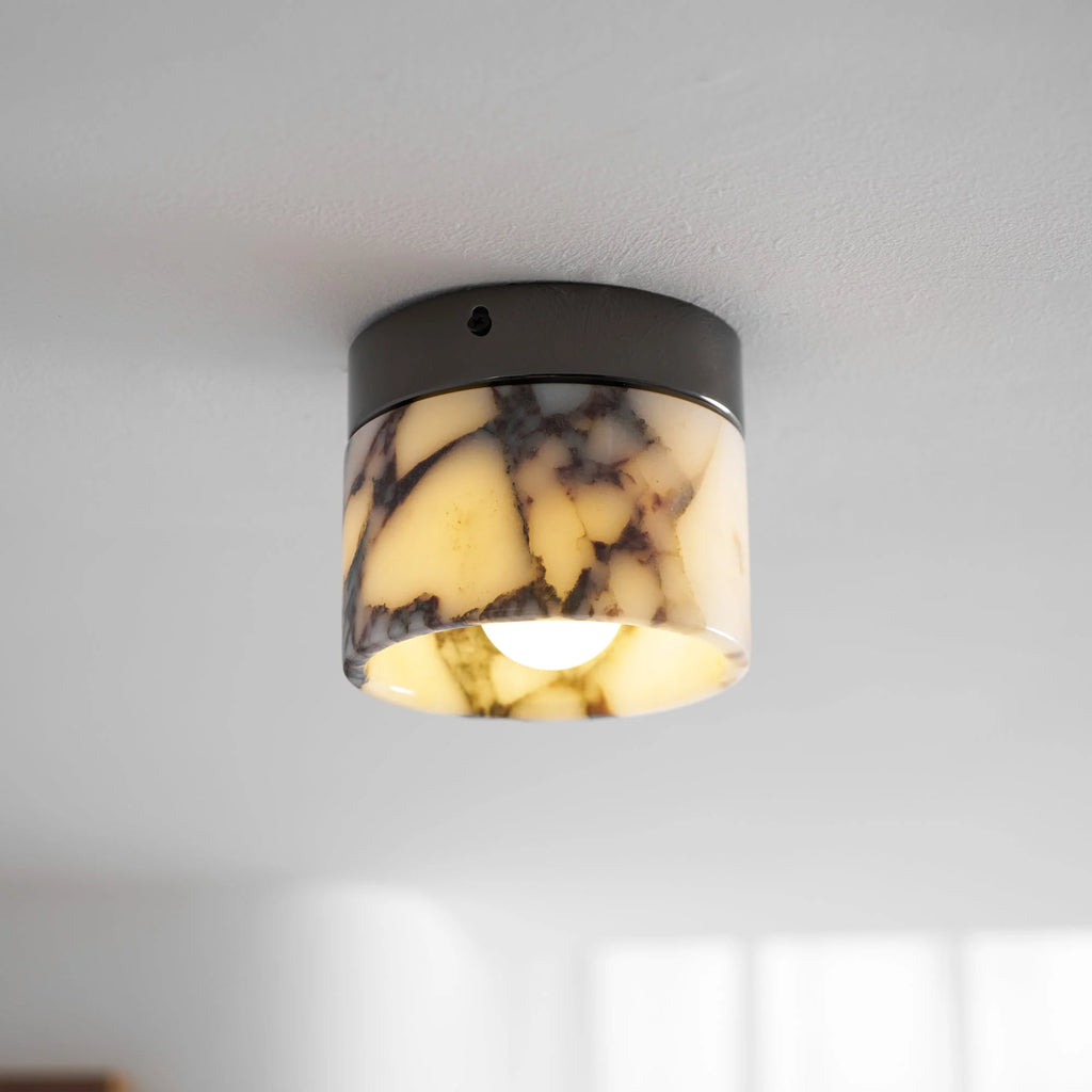 Round Ceiling Light | Marble Body & Glass Shade | 12 cm Diameter