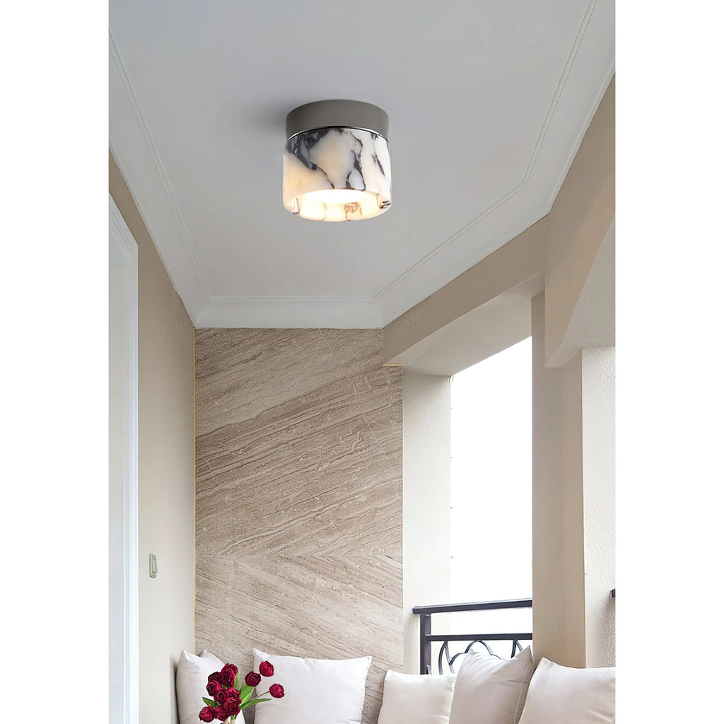 Round Ceiling Light | Marble Body & Glass Shade | 12 cm Diameter