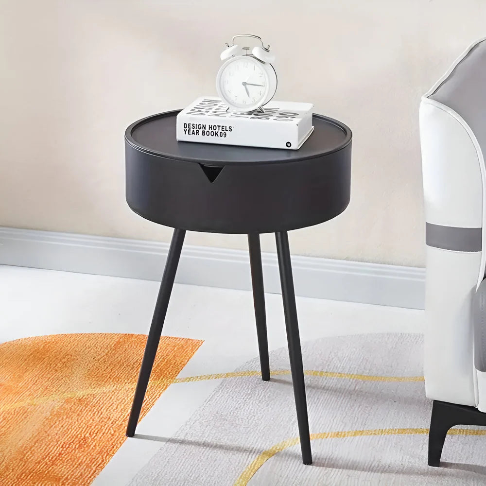 Round Side Table | Metal Frame & Hidden Storage Basket