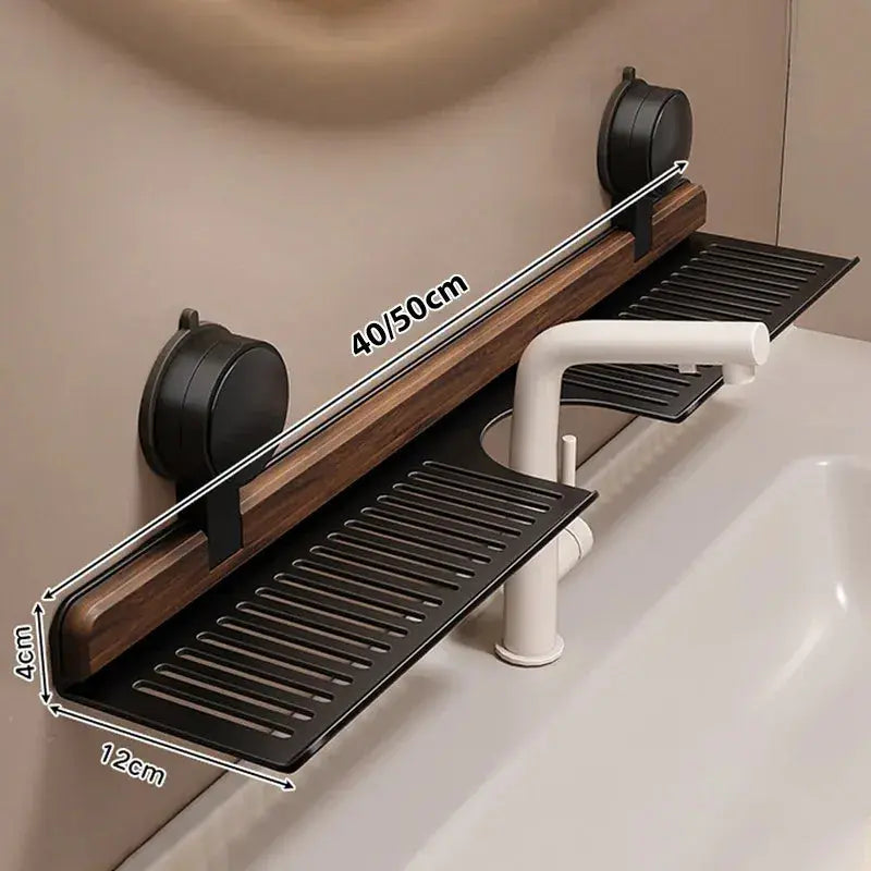 Sink Shelf Organizer | Walnut & Aluminum Suction Mount | 40 × 12 × 4 cm