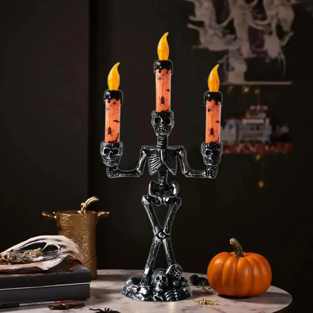 Skeleton Candle Holder | Warm LED Glow & Battery-Operated | 3 Candles