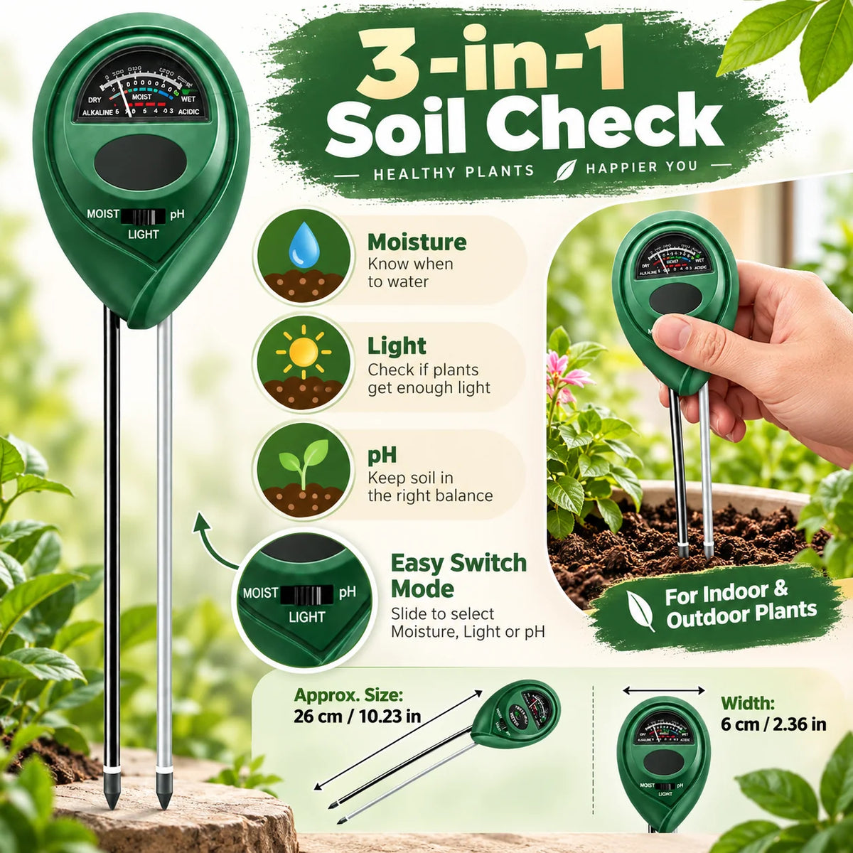 Soil Moisture Meter | 3-In-1 Moisture, Light & pH Tester | Indoor & Outdoor Use