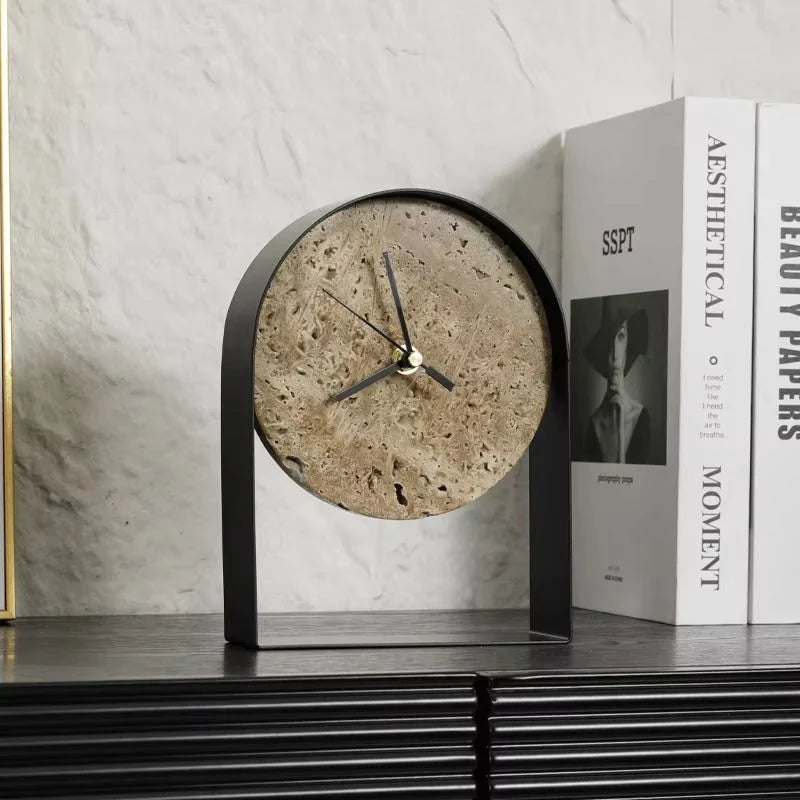Table Clock | Decorative Stone Finish | Gold & Black Accents