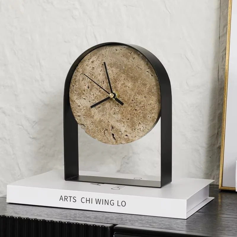 Table Clock | Decorative Stone Finish | Gold & Black Accents
