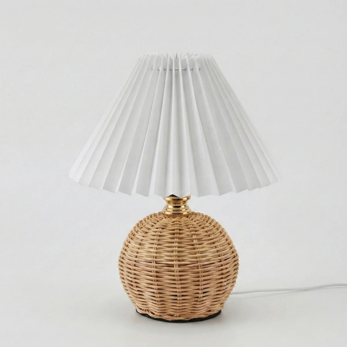 Table Lamp | Boho Pleated Shade & Handwoven Rattan Base