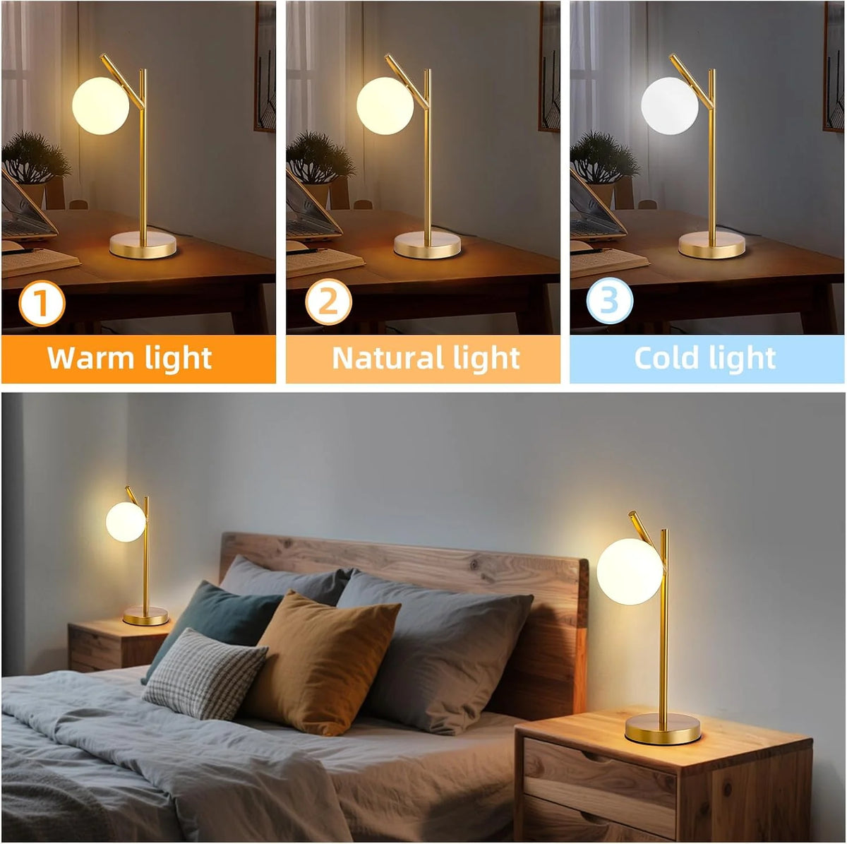 Table Lamp | Frosted Glass Globe & Adjustable 3-Color Light
