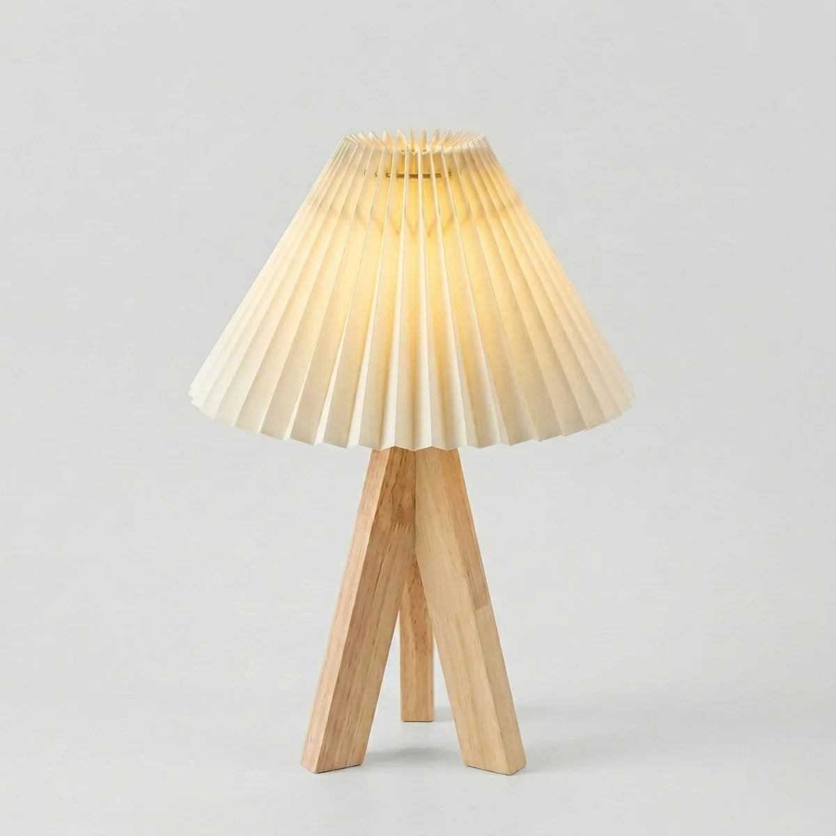 Table Lamp | Pleated Cone Shade & Wood Tripod Base | Compact