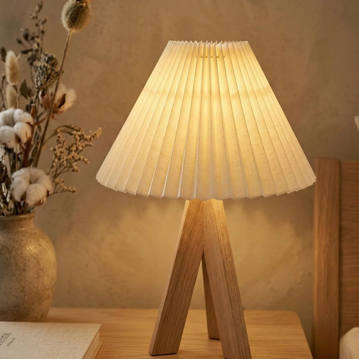 Table Lamp | Pleated Cone Shade & Wood Tripod Base | Compact