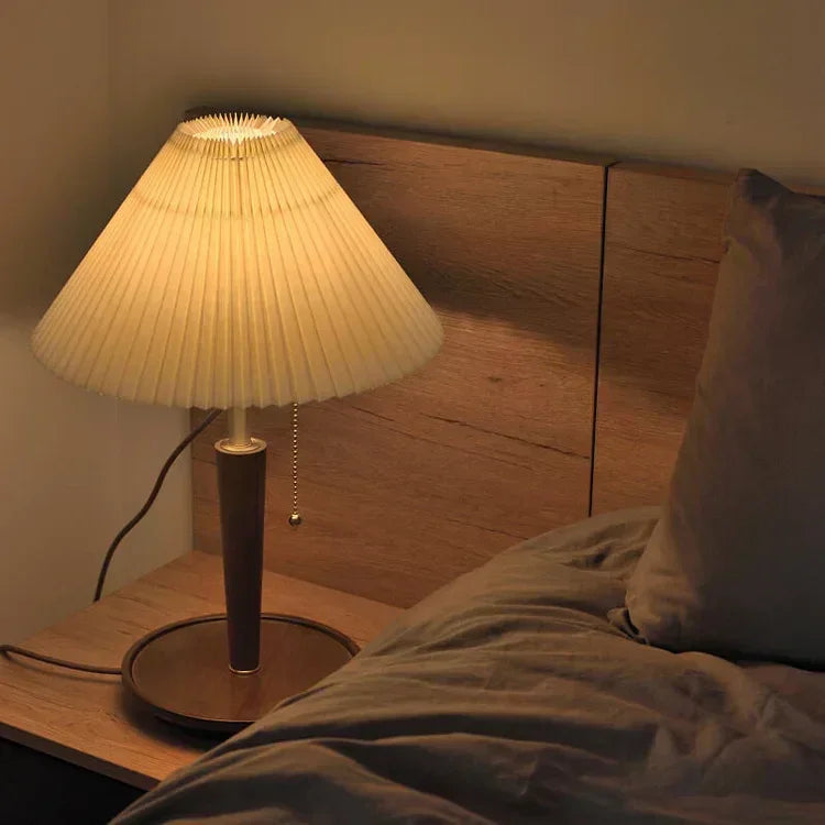 Table Lamp | Pleated Walnut Wood Shade & Brass Details | 36 cm Diameter