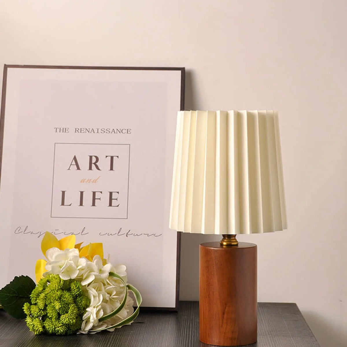 Table Lamp | Walnut Base & Pleated Fabric Shade | USB/Plug-In
