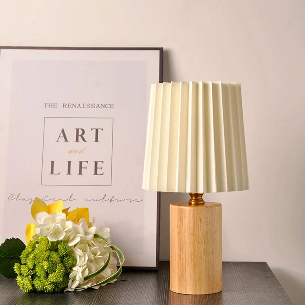 Table Lamp | Walnut Base & Pleated Fabric Shade | USB/Plug-In