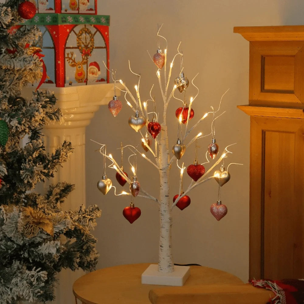 Tabletop Tree | Warm LED Lights & Automatic Timer | 12 Wooden Heart Ornaments
