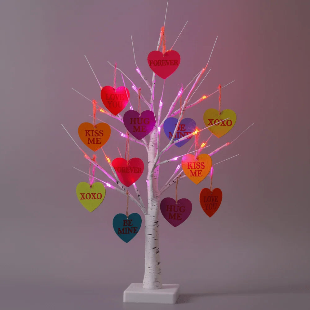 Tabletop Tree | Warm LED Lights & Automatic Timer | 12 Wooden Heart Ornaments
