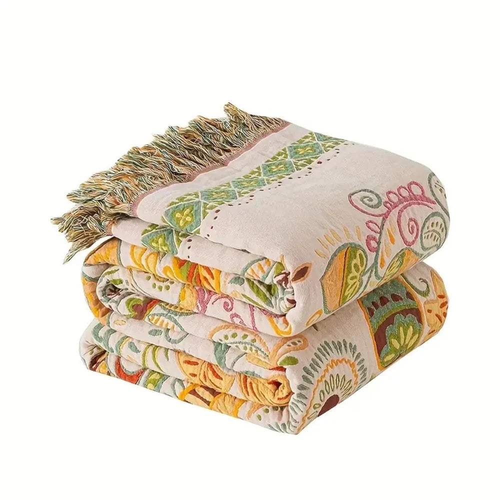 Throw Blanket | Reversible Boho Floral & Cotton Gauze