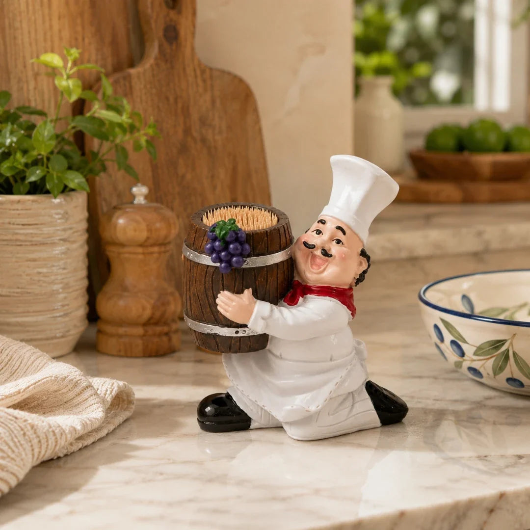 Toothpick Holder | Resin Wine Barrel Chef Figurine
