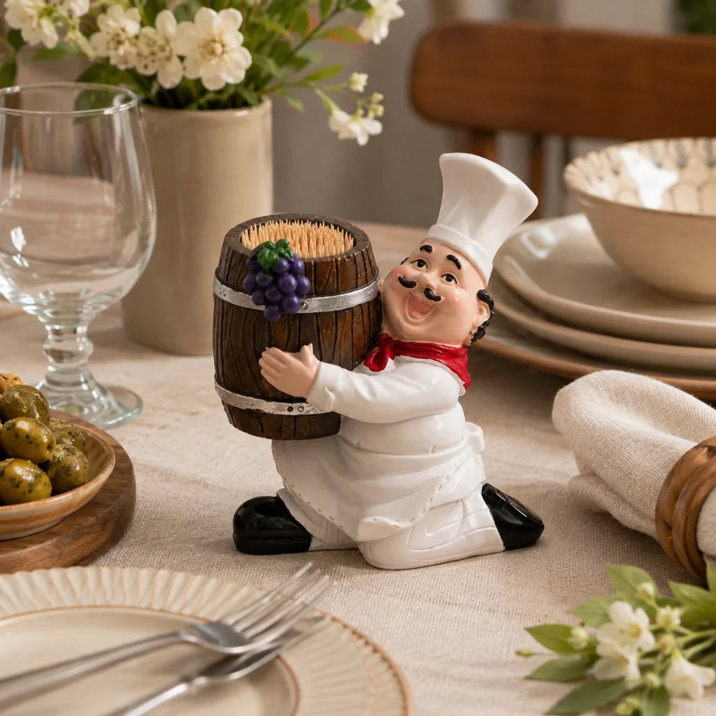 Toothpick Holder | Resin Wine Barrel Chef Figurine