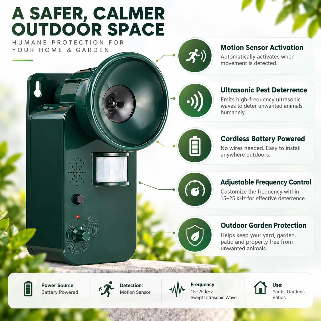 Ultrasonic Animal Repeller | Motion-Activated & Cordless | Adjustable Frequency