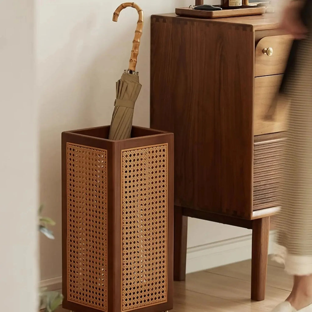 Umbrella Stand | Rubberwood Frame & Rattan Weave | 20 In Height